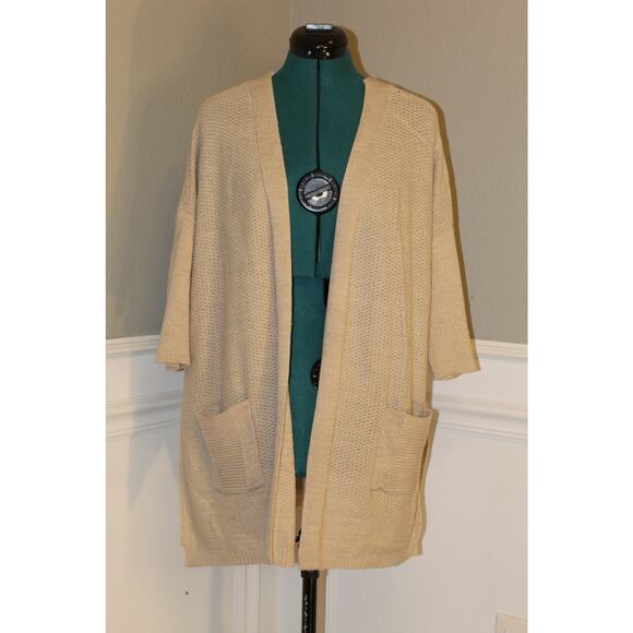 Democracy Open Front Cardigan Tan Knit Lace-Up Back Pockets Elbow Sleeve Women M - Picture 1 of 3